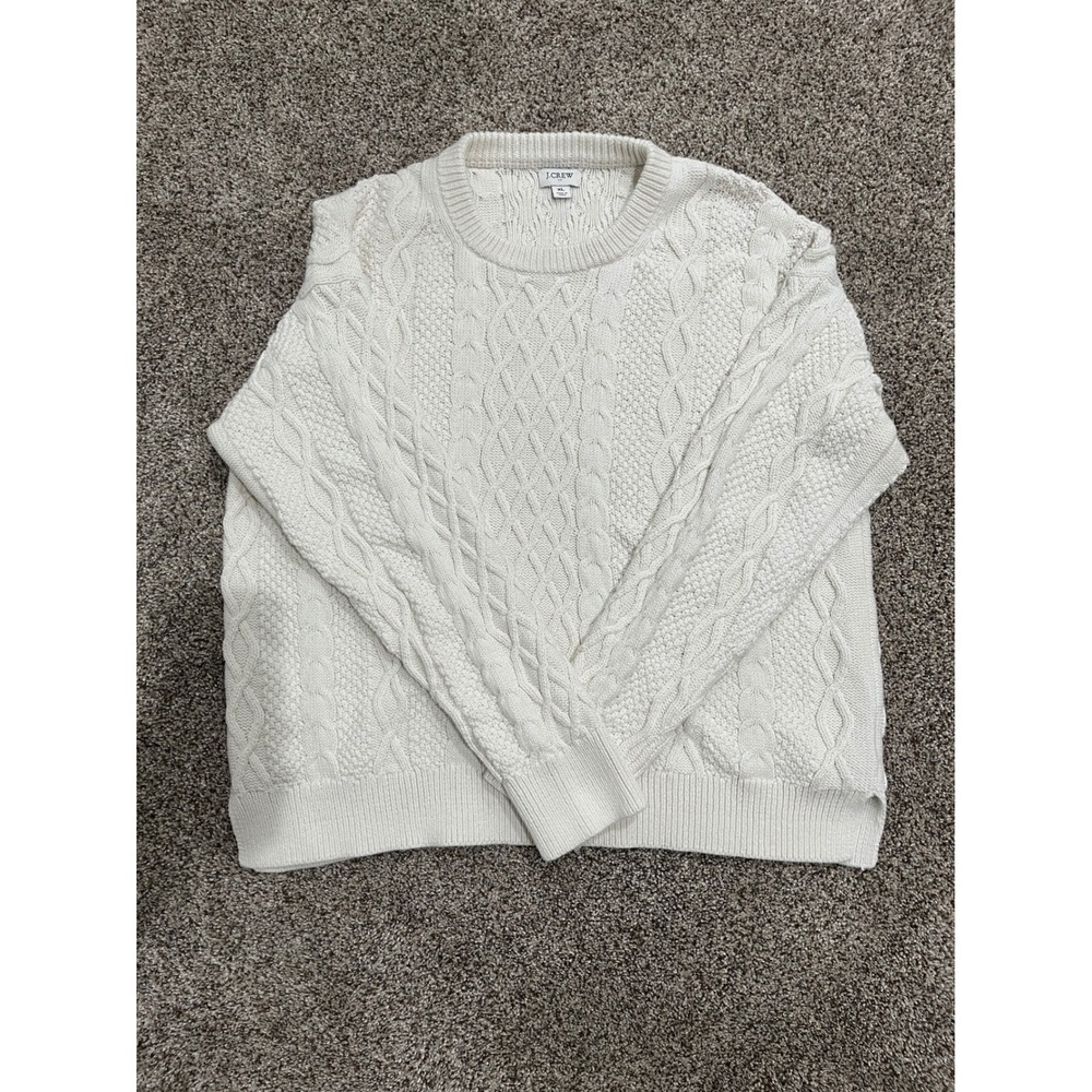 J.Crew Womens XL Cable Knit Sweater Cream Off White Ivory 100% Cotton Pullover